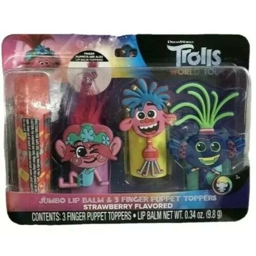 Dreamworks Trolls World Tour Jumbo Lip Balm 3 Finger Puppet Toppers Strawberry